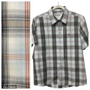 Carbon Plaid Short Sleeve Button-Down Shirt‎ Grey & Red Size L Casual